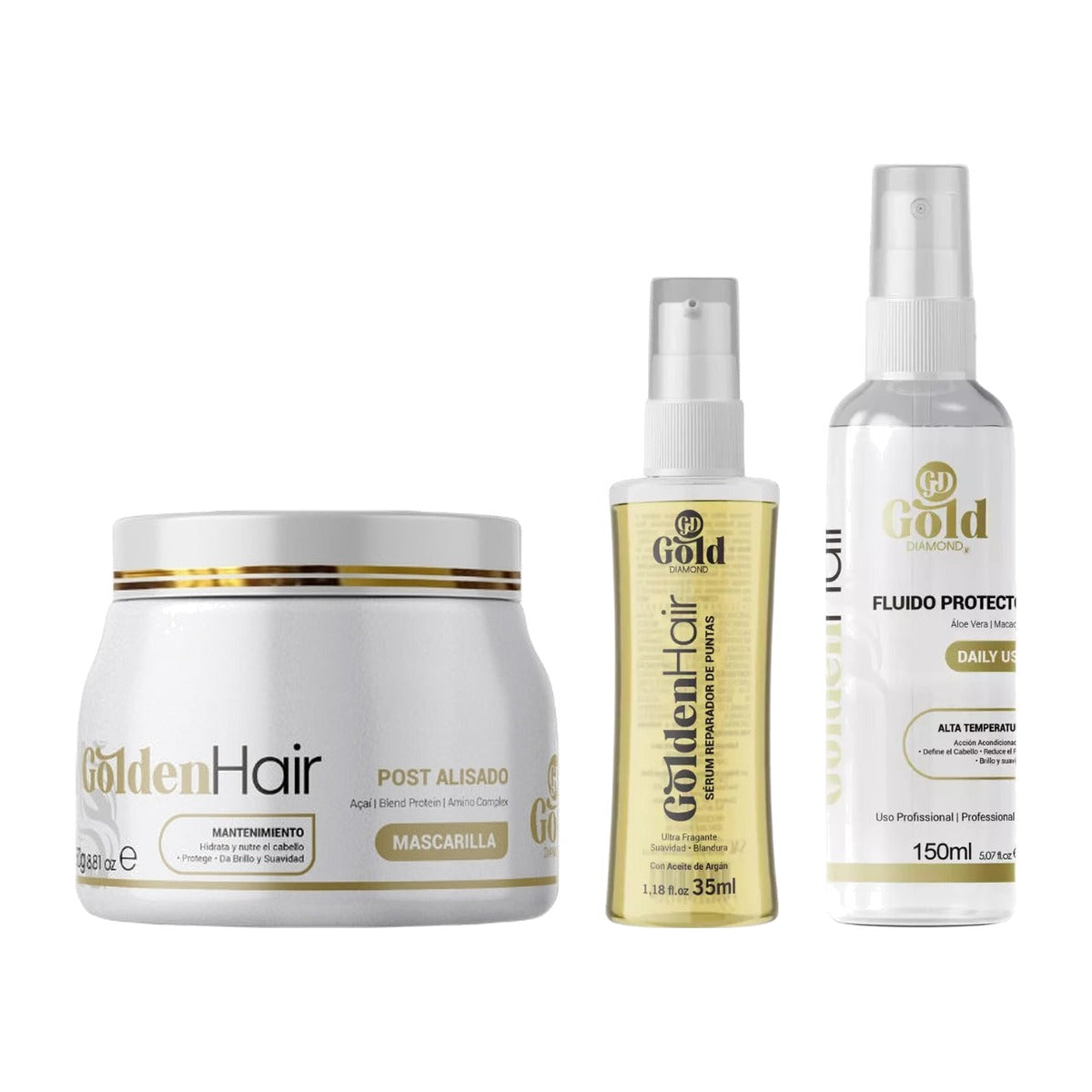 Kit Post Alisado Gold DIAMOND: Mascarilla 250 g, Protector Térmico 150 mL y Sérum de Puntas 35 mL